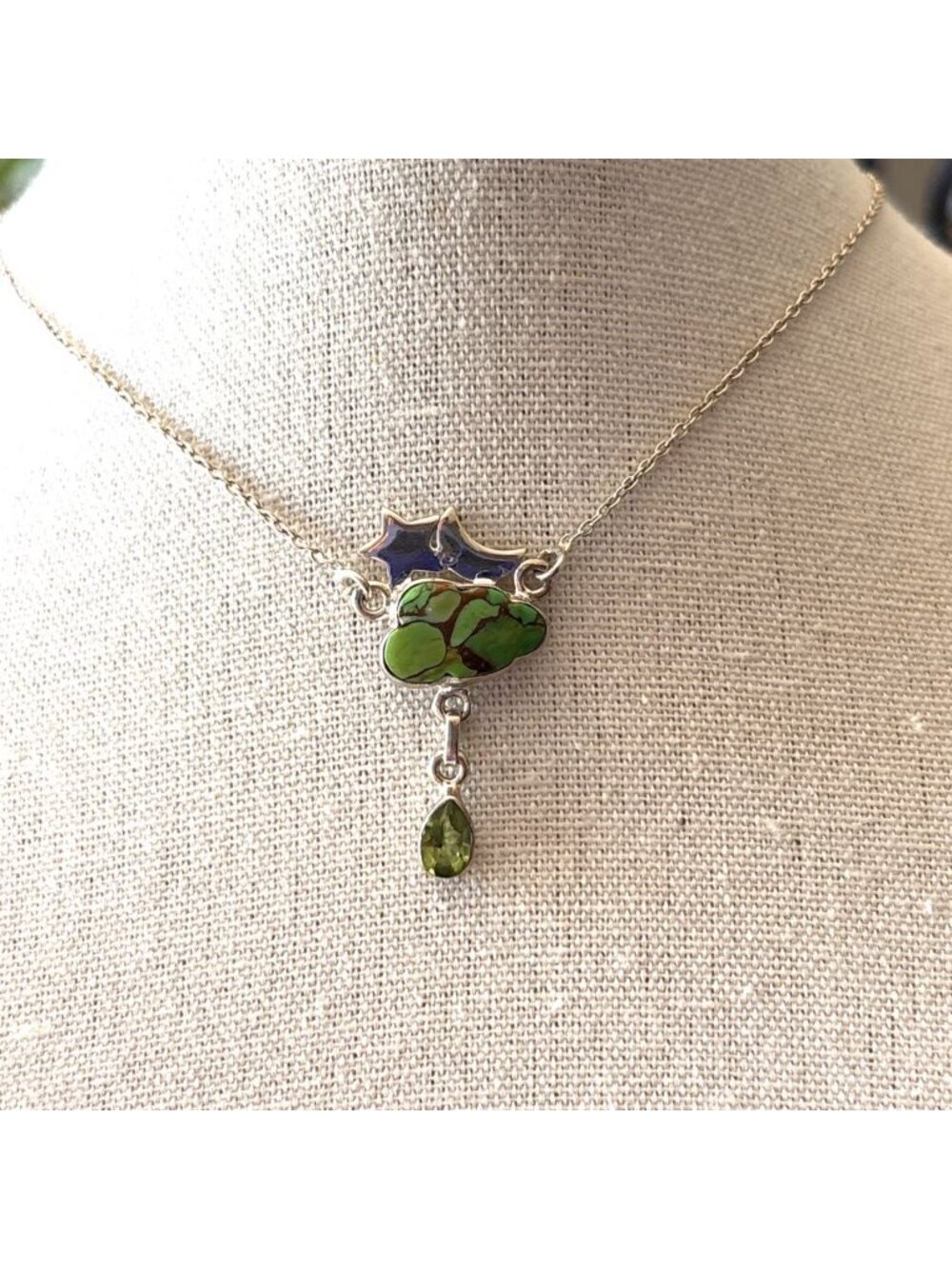 Natural 8.27ct Copper Turquoise Peridot Necklace Sterling Silver 18" Cable Chain - Picture 4 of 12